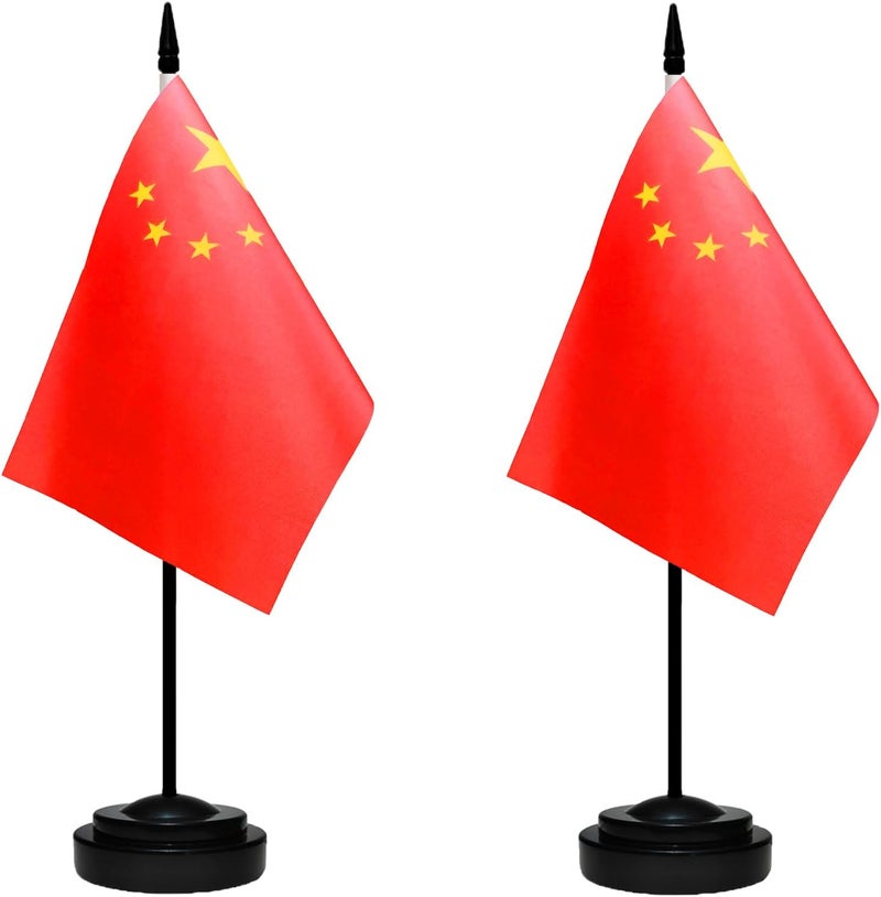tibijoy China Chinese Small Mini Desk Flag Set Miniature China Chinese Table Office Flag with 13" Black Pole, Black Base, Miniature China Deluxe Desktop Flag(2 Pack) - Image 1